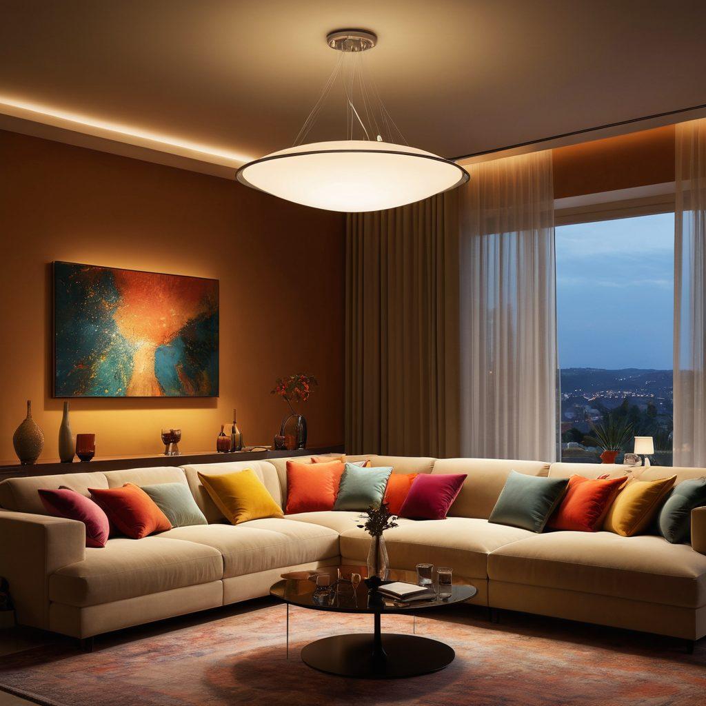 A modern living room elegantly lit by stylish martini-shaped light fixtures, showcasing a contrast between lively party atmosphere with people mingling and a cozy night scene with a couple relaxing on a sofa. The lighting should highlight the versatile nature of the fixtures, with various color settings illuminating the space. Incorporate elements of fun and comfort seamlessly. super-realistic. vibrant colors. warm ambiance.