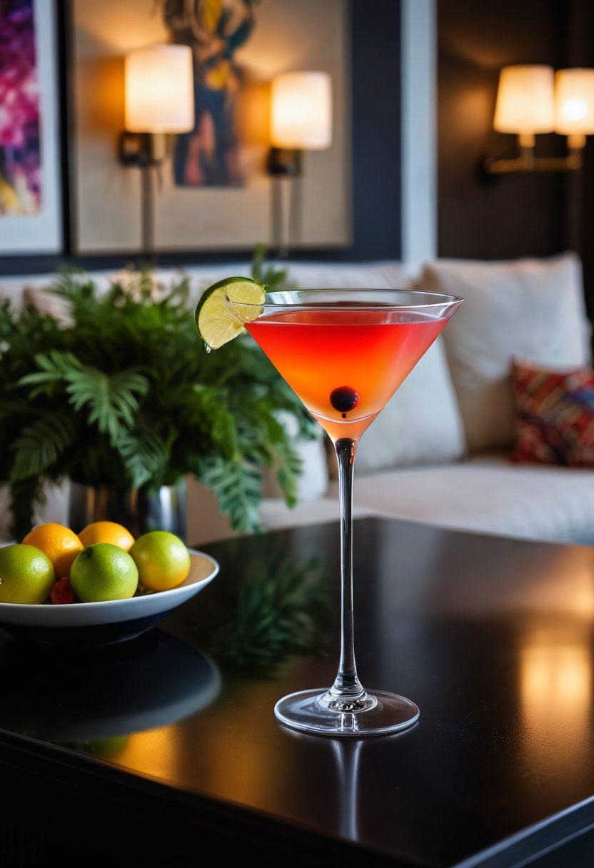 A stylish living room featuring a beautifully crafted martini glass filled with a colorful, glowing cocktail, elegantly placed on a sleek table. Soft ambient lighting illuminates the space, creating a cozy yet sophisticated atmosphere, with decorative art pieces on the walls and lush greenery in the corners. The martini's glow reflects on the surroundings, enhancing the overall aesthetic. super-realistic. vibrant colors. warm lighting.